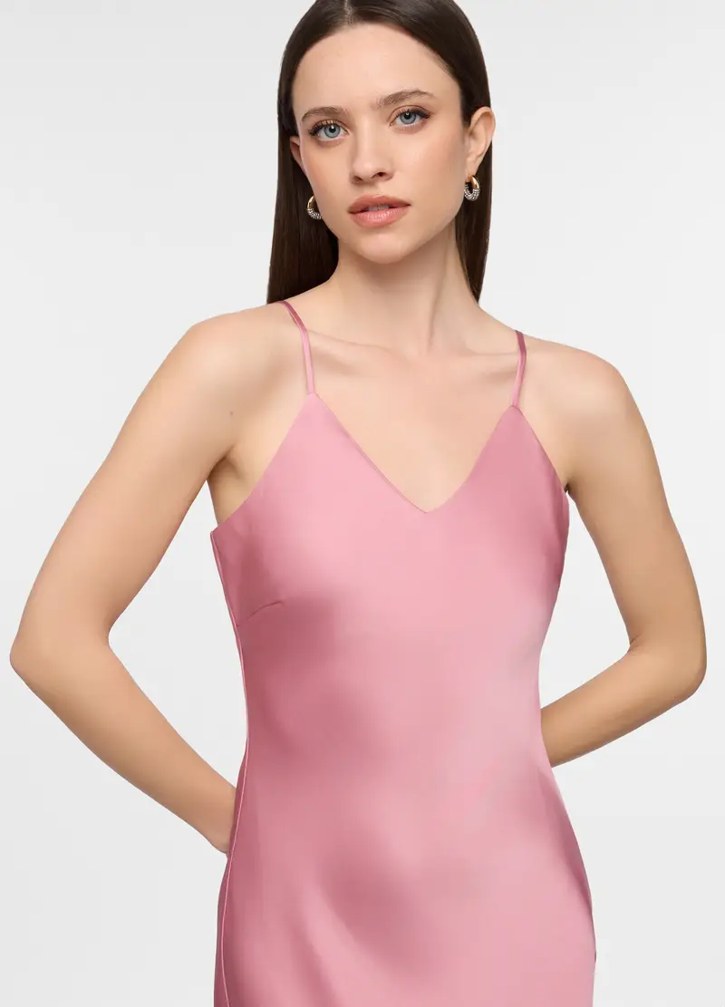 Abito Lungo Fitted In Raso Donna, Rosa pastello miniatura 3