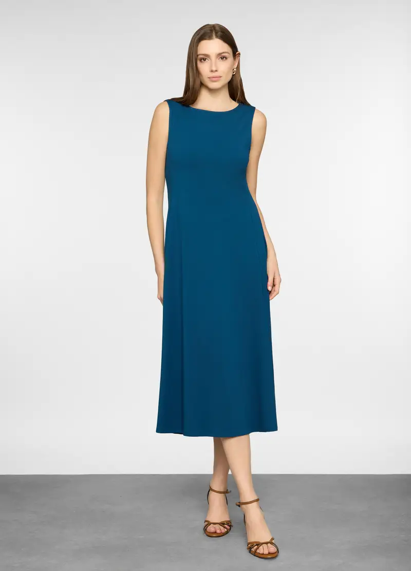 Abito Lungo Girocollo In Jersey Stretch Donna, Blu petrolio