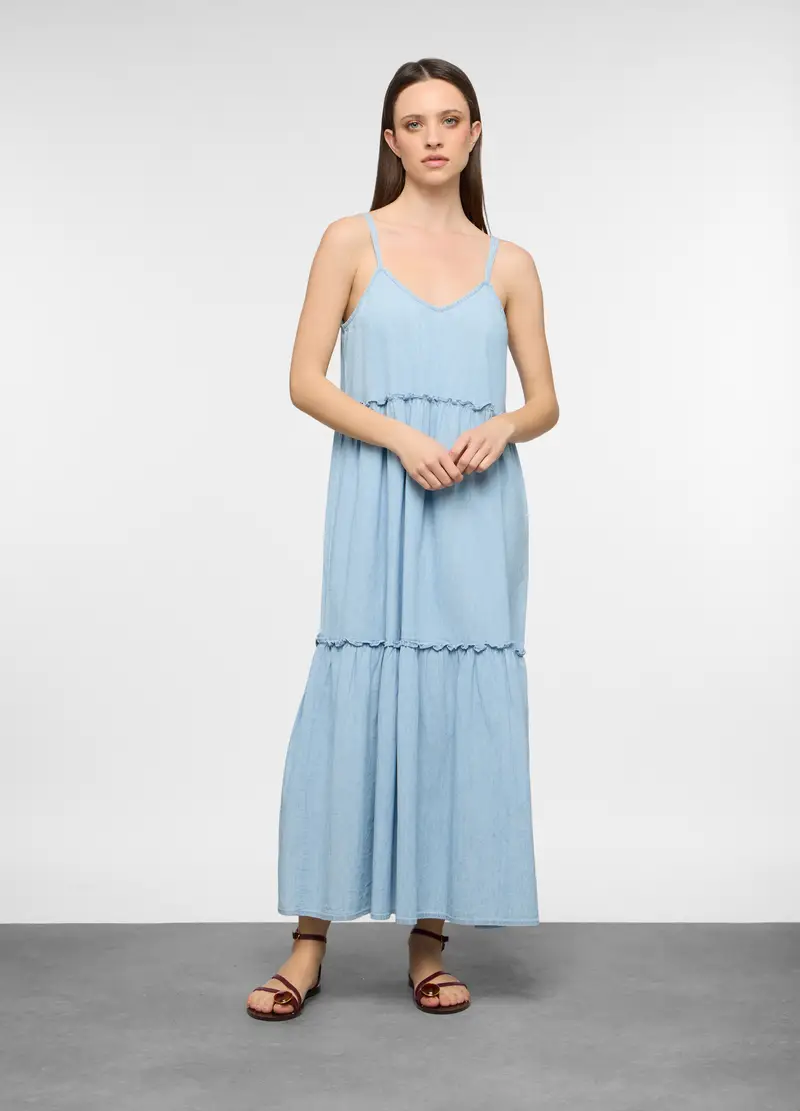 Abito Svasato Con Balze Con Maniche Corte Bottoni Sul Davanti In Lyocell Donna, Azzurro chiaro