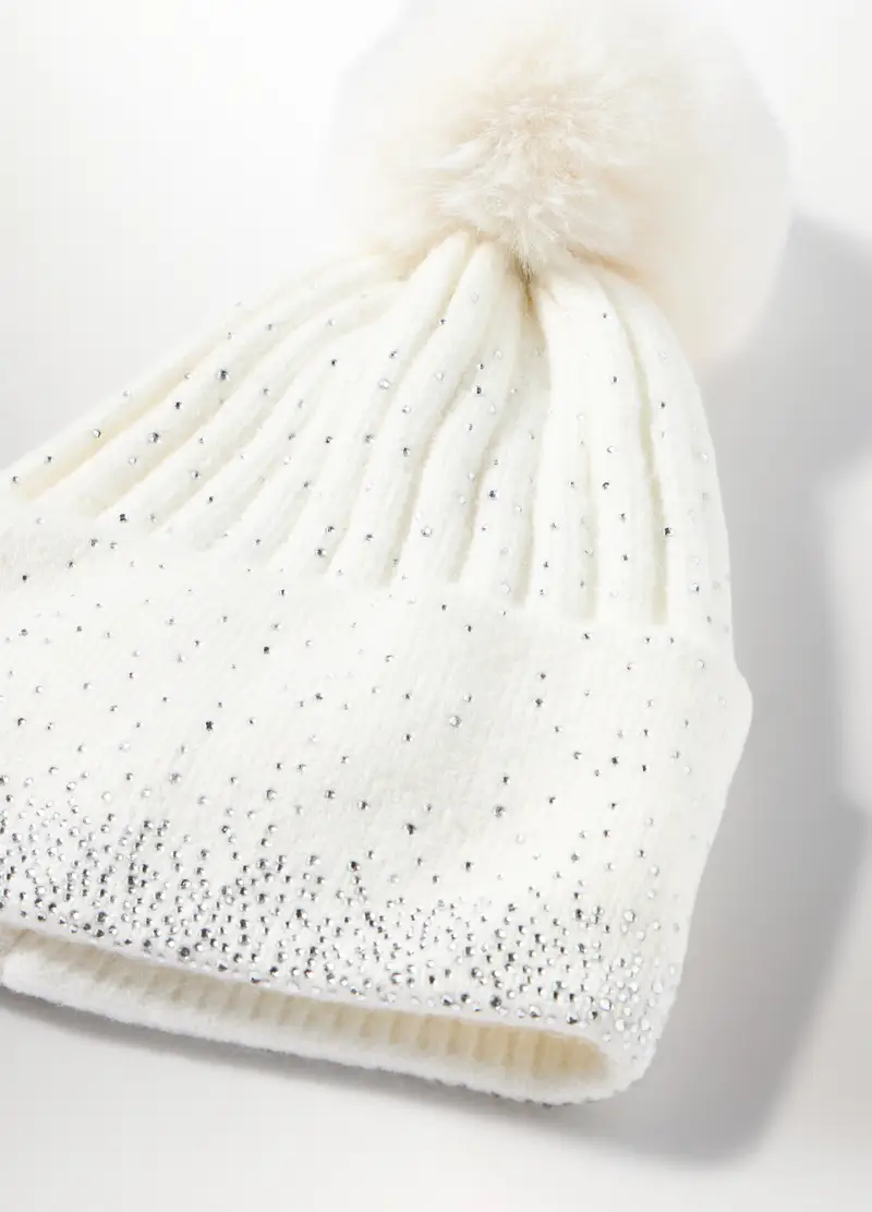 Berretto Tricot Con Pon Pom Donna, Bianco miniatura 3