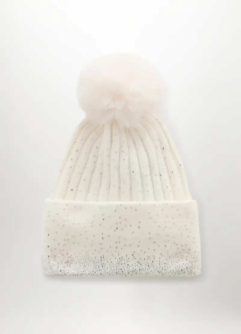 Berretto Tricot Con Pon Pom Donna, Bianco