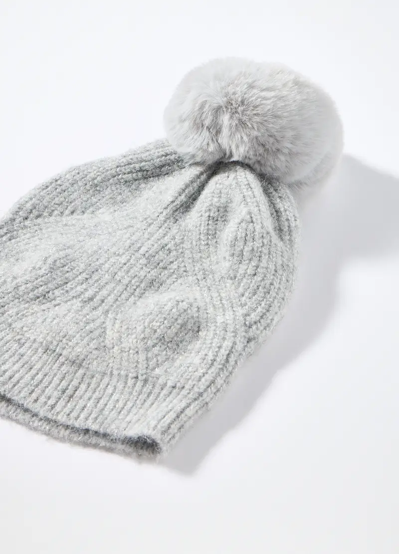 Berretto Tricot Con Pon Pom Donna, Grigio chiaro melange miniatura 3