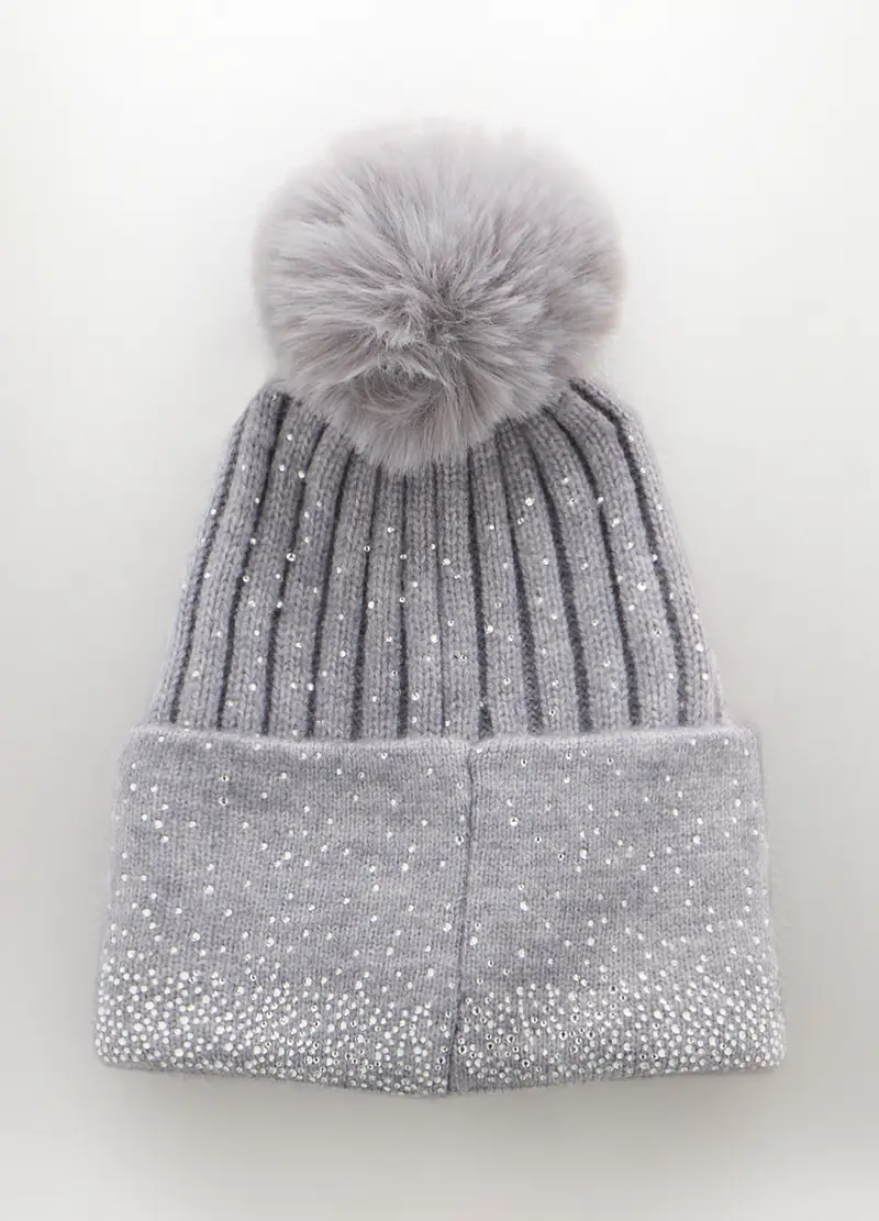 Berretto Tricot Con Pon Pom Donna, Grigio chiaro melange miniatura 2