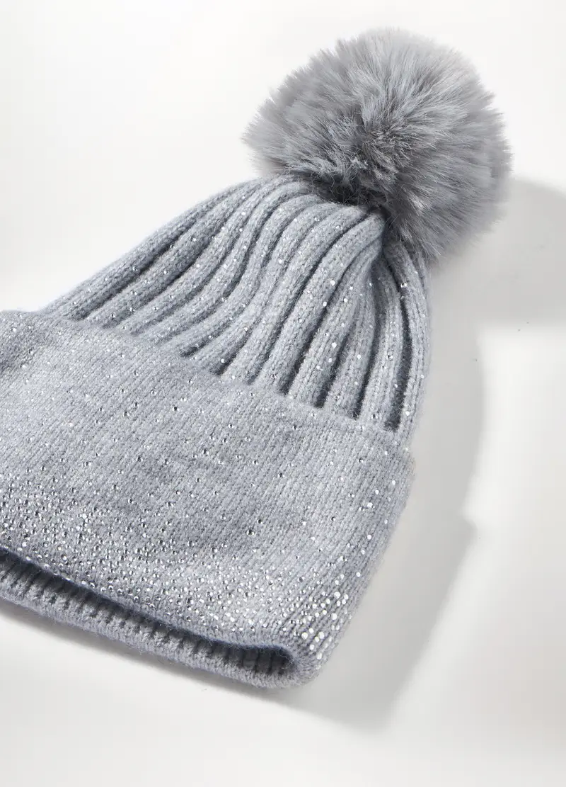 Berretto Tricot Con Pon Pom Donna, Grigio chiaro melange miniatura 3