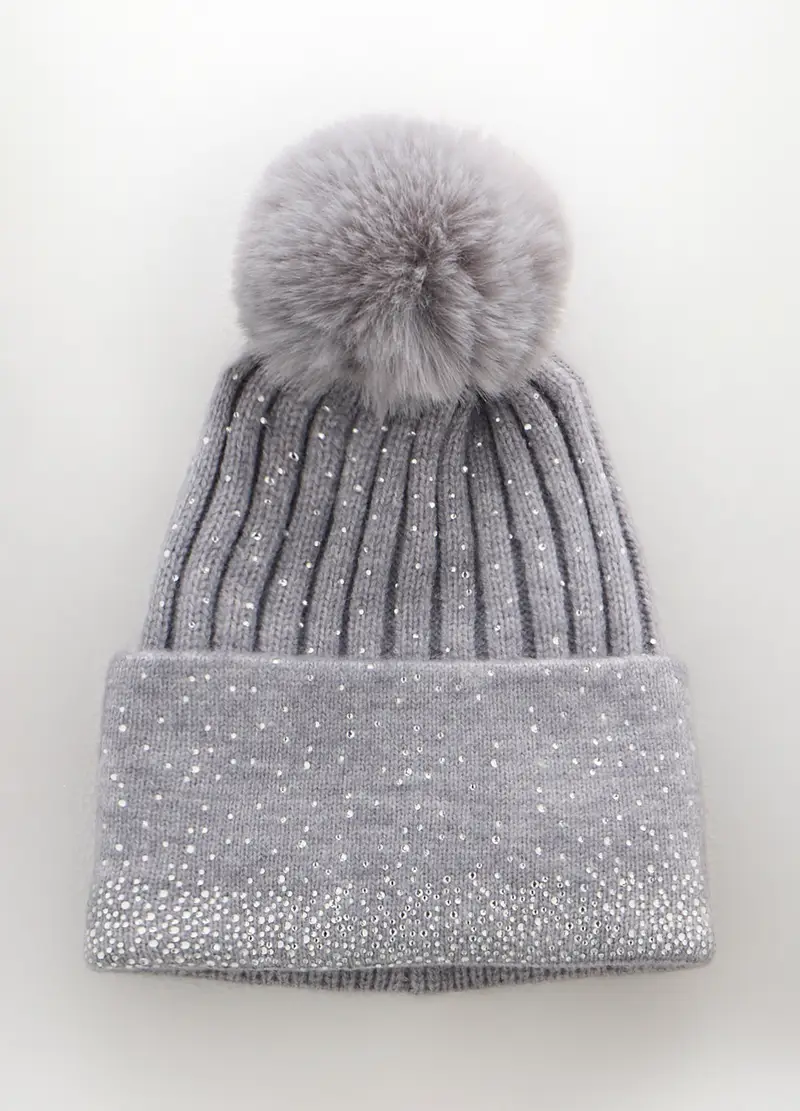 Berretto Tricot Con Pon Pom Donna, Grigio chiaro melange