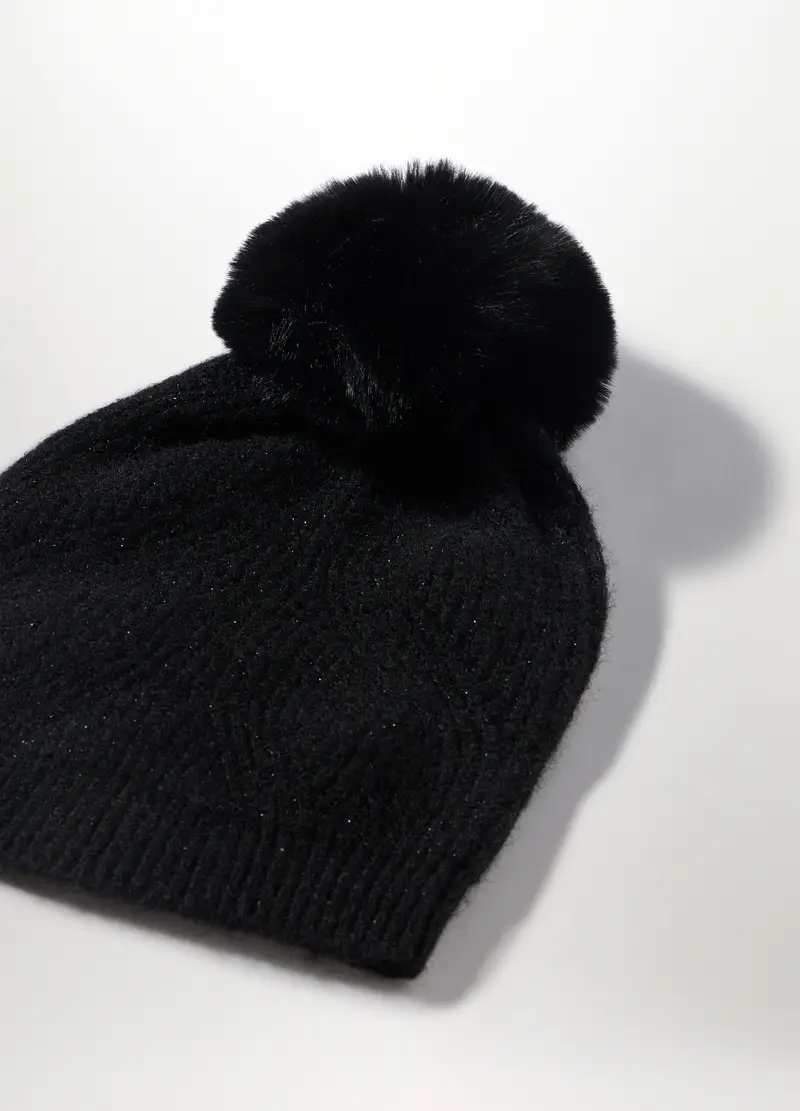 Berretto Tricot Con Pon Pom Donna, Nero miniatura 3