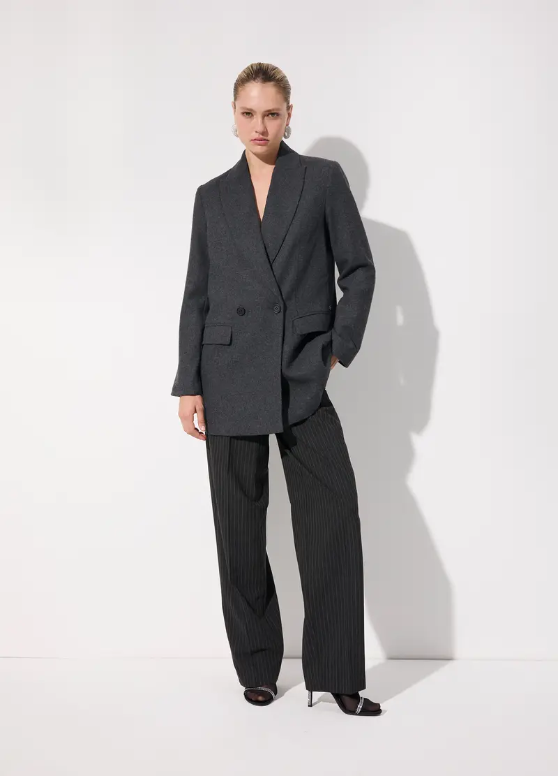 Blazer Doppiopetto In Misto Lana Donna, Unisex, Grigio scuro melange