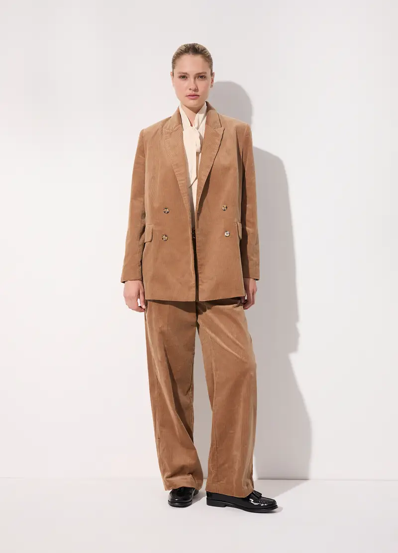 Blazer Doppiopetto In Velluto Corduroy Di Puro Cotone Donna, Unisex, Marrone chiaro