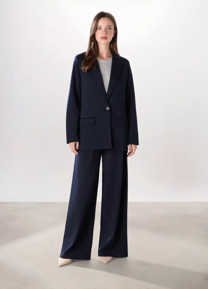 Blazer Gessato Misto Viscosa Donna, Blu navy