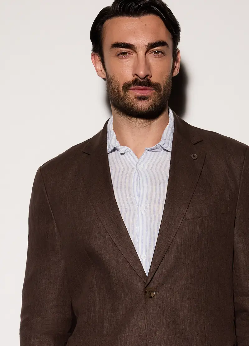 Blazer Regular Fit In Lino Uomo, Marrone cioccolato miniatura 3