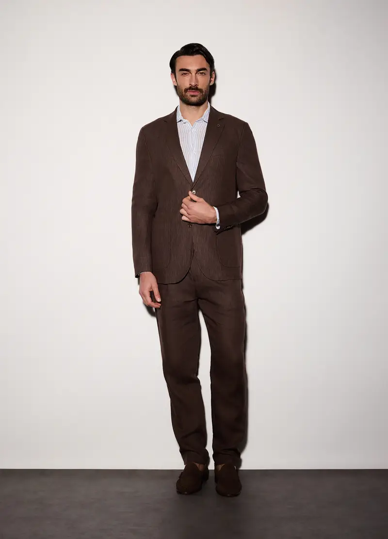 Blazer Regular Fit In Lino Uomo, Marrone cioccolato