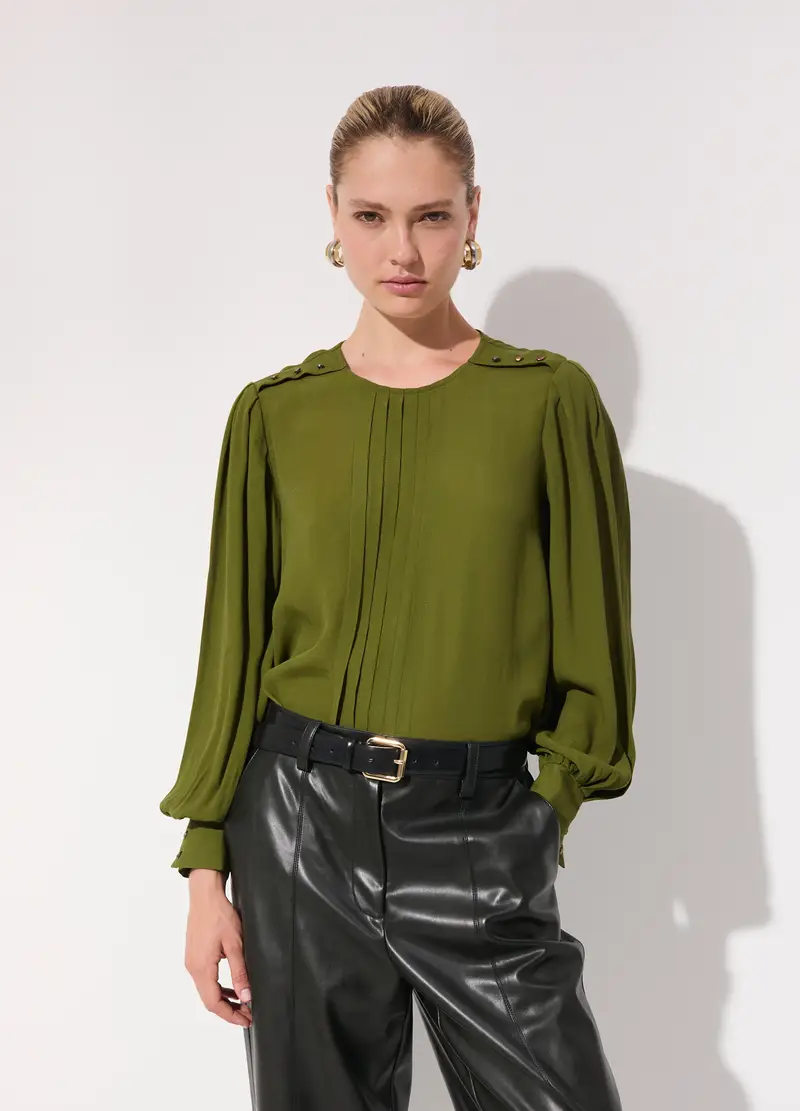 Blusa A Pieghe Con Maniche A Sbuffo Donna, Unisex, Verde oliva miniatura 2