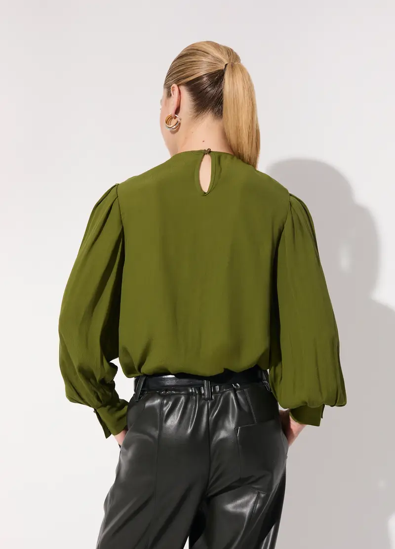 Blusa A Pieghe Con Maniche A Sbuffo Donna, Unisex, Verde oliva miniatura 3