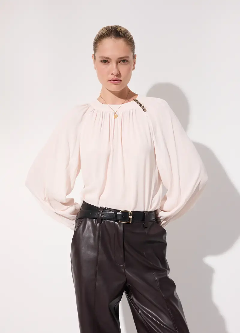 Blusa A Pieghe In Viscosa Crêpe Donna, Unisex, Bianco panna miniatura 2