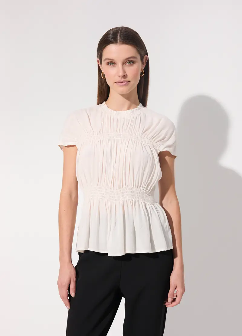 Blusa Arricciata In Punto Smock Donna, Unisex, Bianco miniatura 2