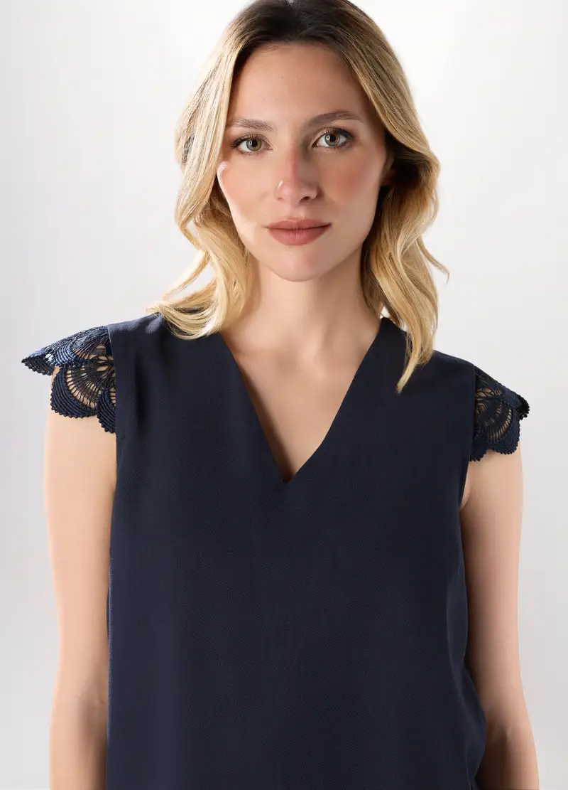 Blusa Crepe Con Pizzo Donna, Blu scuro miniatura 3