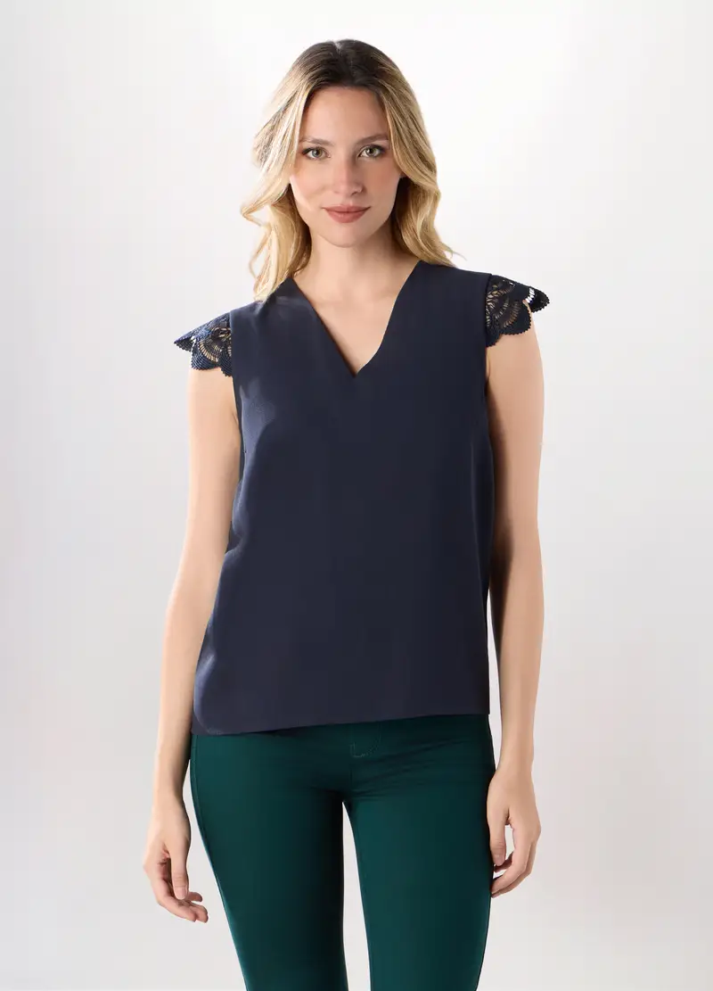 Blusa Crepe Con Pizzo Donna, Blu scuro