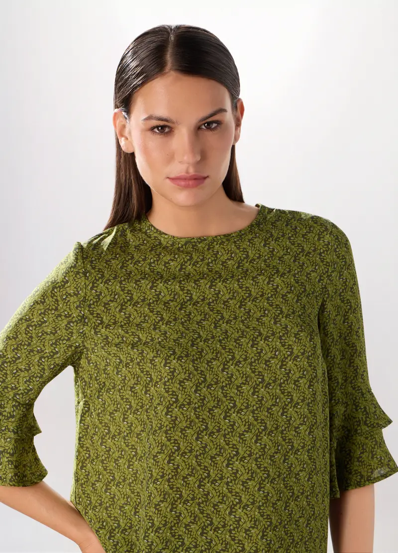 Blusa Crepe Con Stampa Donna, Verde foglia miniatura 3