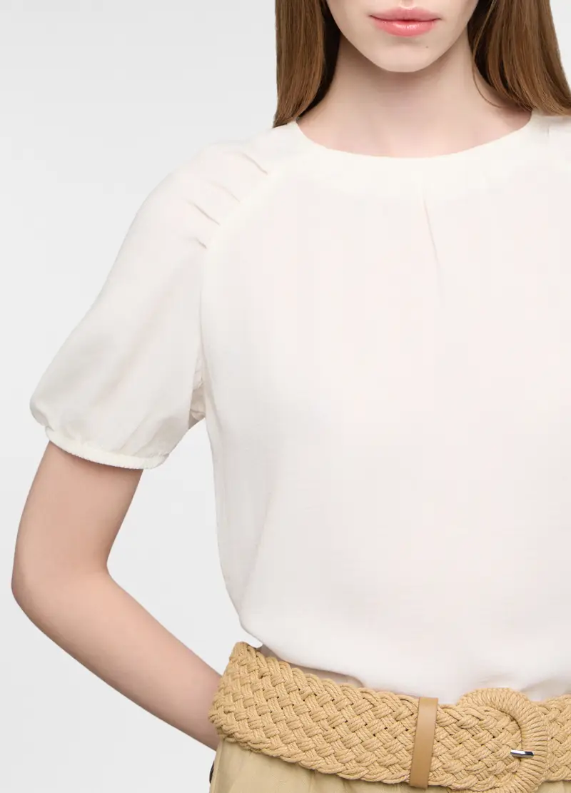 Blusa Crepe Girocollo Donna, Bianco gesso miniatura 3