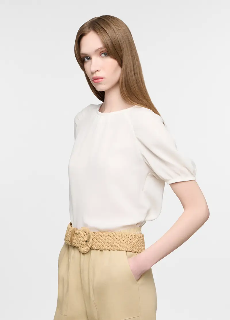 Blusa Crepe Girocollo Donna, Bianco gesso