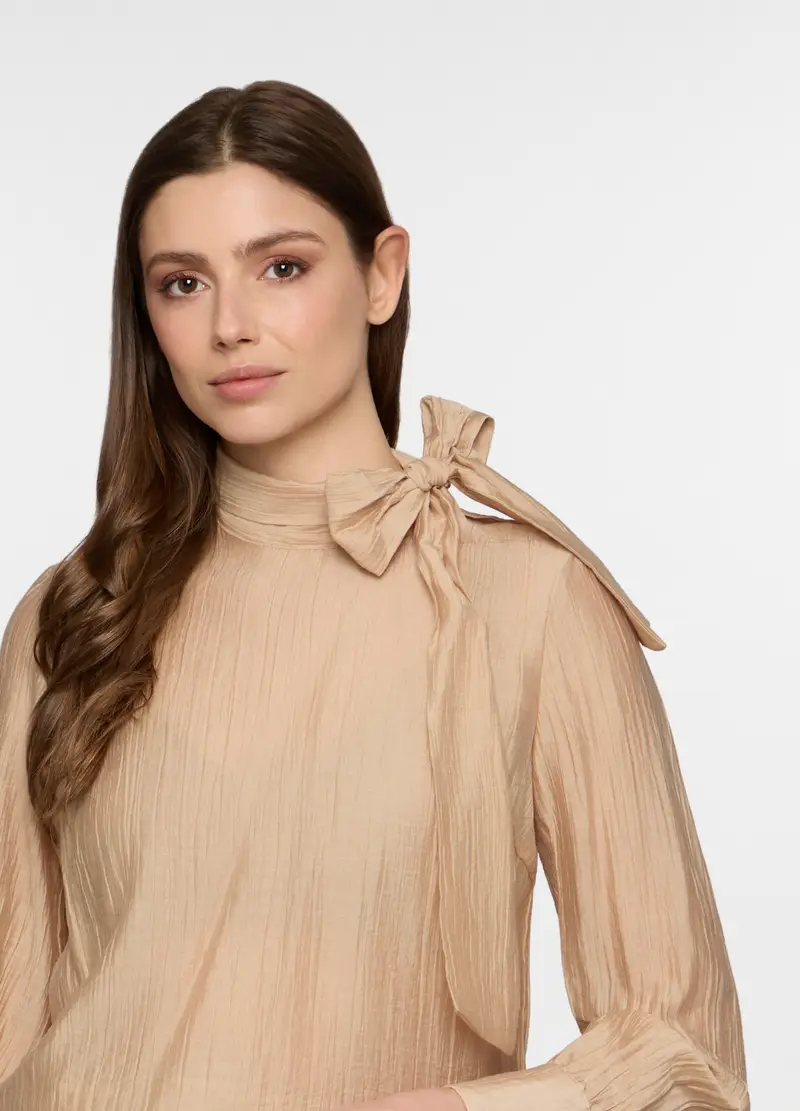 Blusa Crinkle Con Fiocco In Mista Lyocell Donna, Beige chiaro miniatura 3