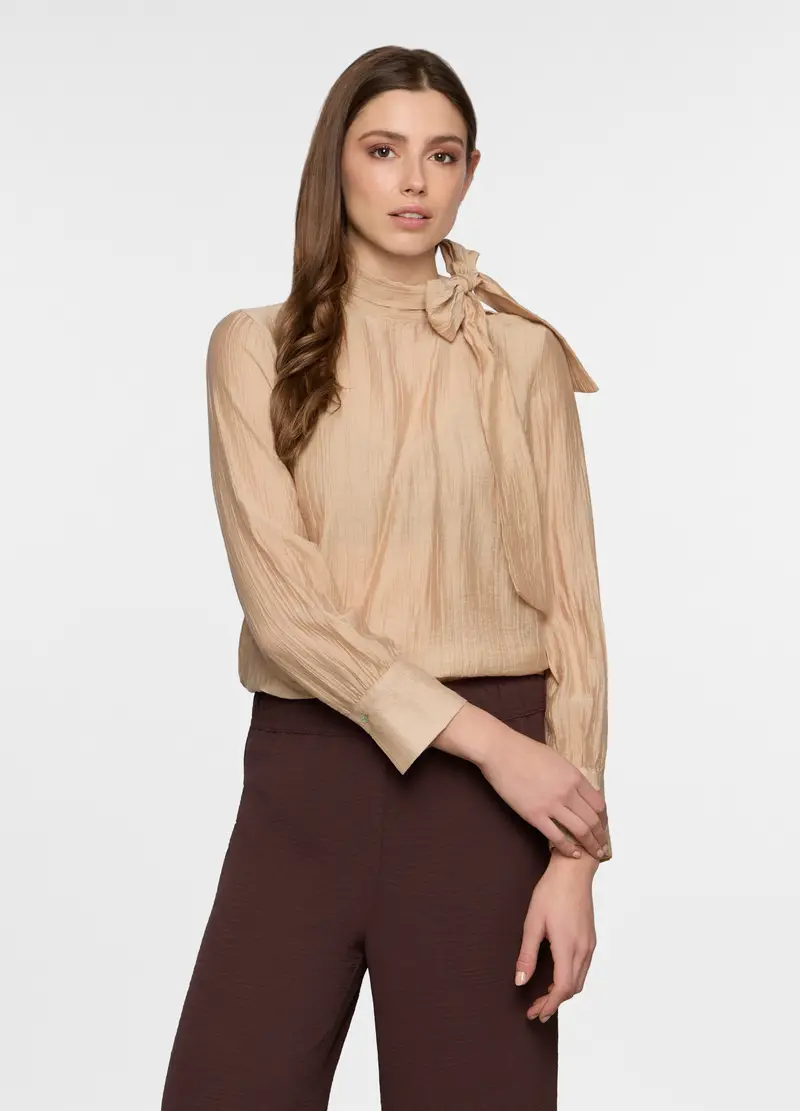 Blusa Crinkle Con Fiocco In Mista Lyocell Donna, Beige chiaro