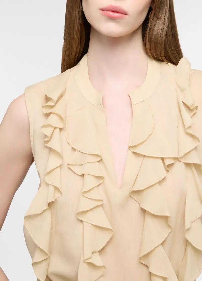 Blusa Fit Regular Con Scollo A V In Puro Cotone Voile Donna, Beige chiaro miniatura 3