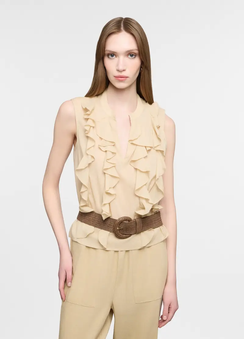 Blusa Fit Regular Con Scollo A V In Puro Cotone Voile Donna, Beige chiaro