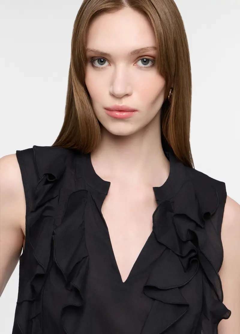 Blusa Fit Regular Con Scollo A V In Puro Cotone Voile Donna, Nero miniatura 3