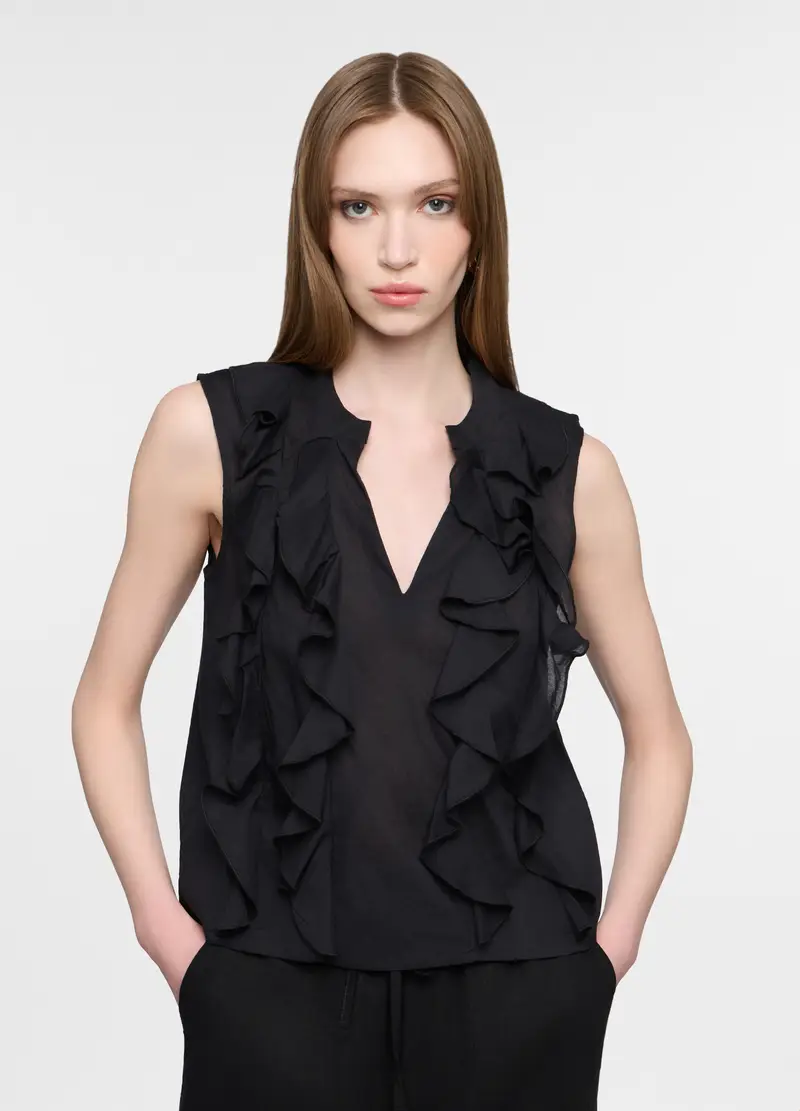 Blusa Fit Regular Con Scollo A V In Puro Cotone Voile Donna, Nero