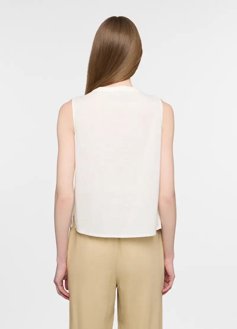 Blusa Fit Regular Con Scollo Rotondo Voile Misto Lino Donna, Bianco gesso miniatura 2