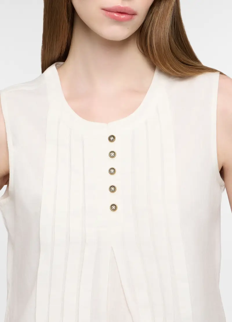 Blusa Fit Regular Con Scollo Rotondo Voile Misto Lino Donna, Bianco gesso miniatura 3