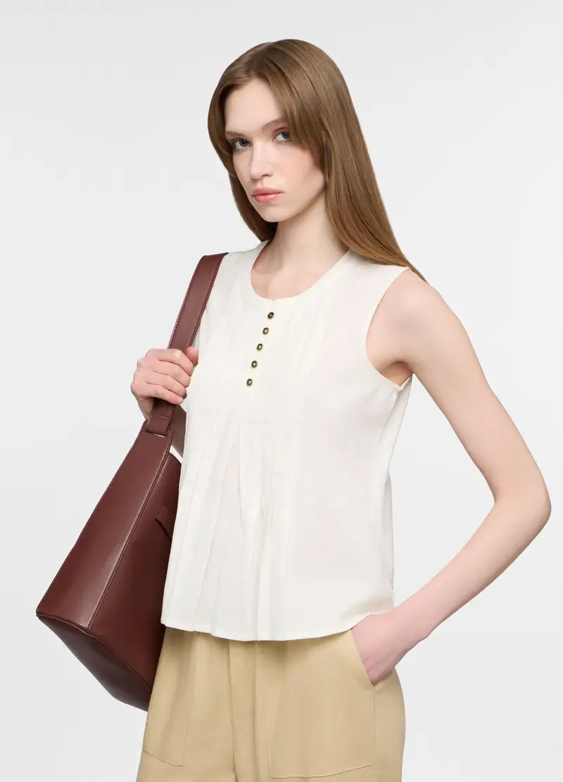 Blusa Fit Regular Con Scollo Rotondo Voile Misto Lino Donna, Bianco gesso