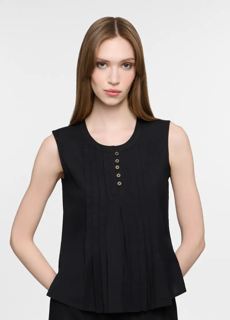 Blusa Fit Regular Con Scollo Rotondo Voile Misto Lino Donna, Nero