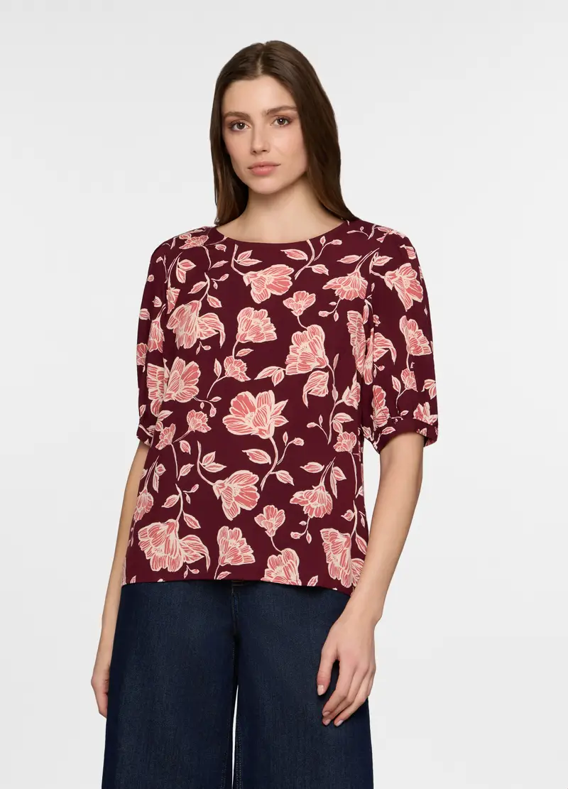 Blusa Girocollo Con Stampa Donna, Rosso bordeaux