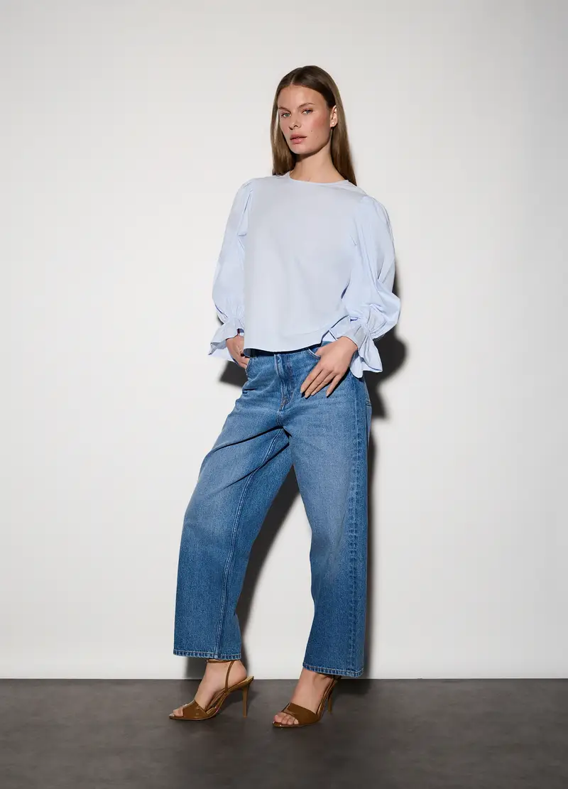 Blusa Girocollo In Popeline Donna, Unisex, Azzurro chiaro