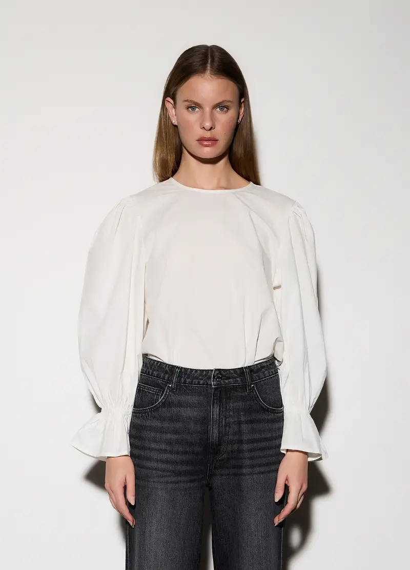 Blusa Girocollo In Popeline Donna, Unisex, Bianco gesso miniatura 2