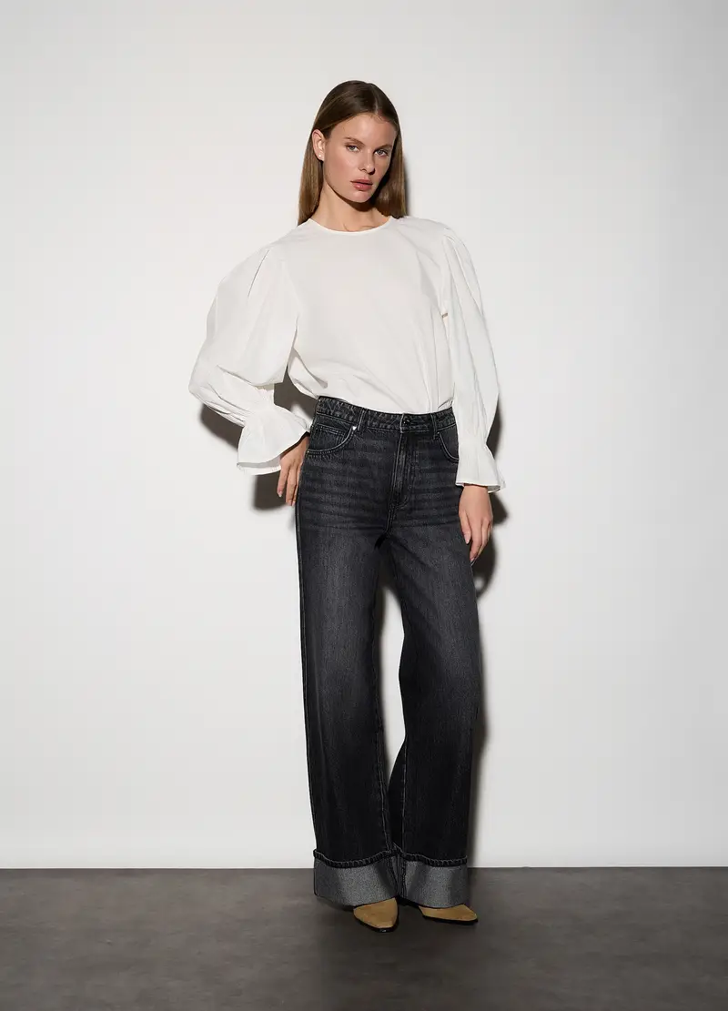 Blusa Girocollo In Popeline Donna, Unisex, Bianco gesso