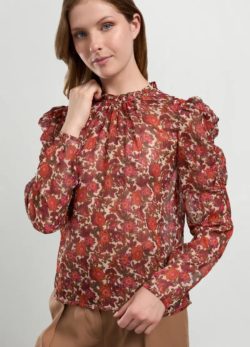 Blusa In Chiffon Con Stampa Donna, Beige chiaro miniatura 3