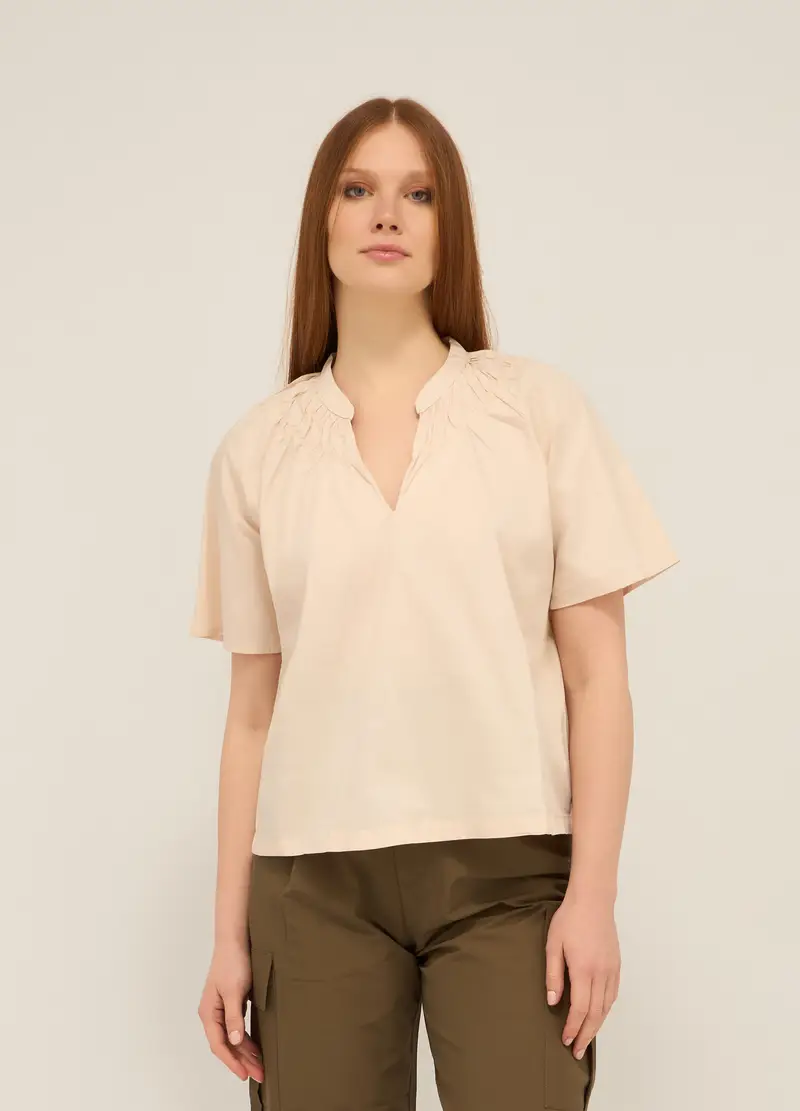Blusa In Misto Cotone Donna, Beige chiaro