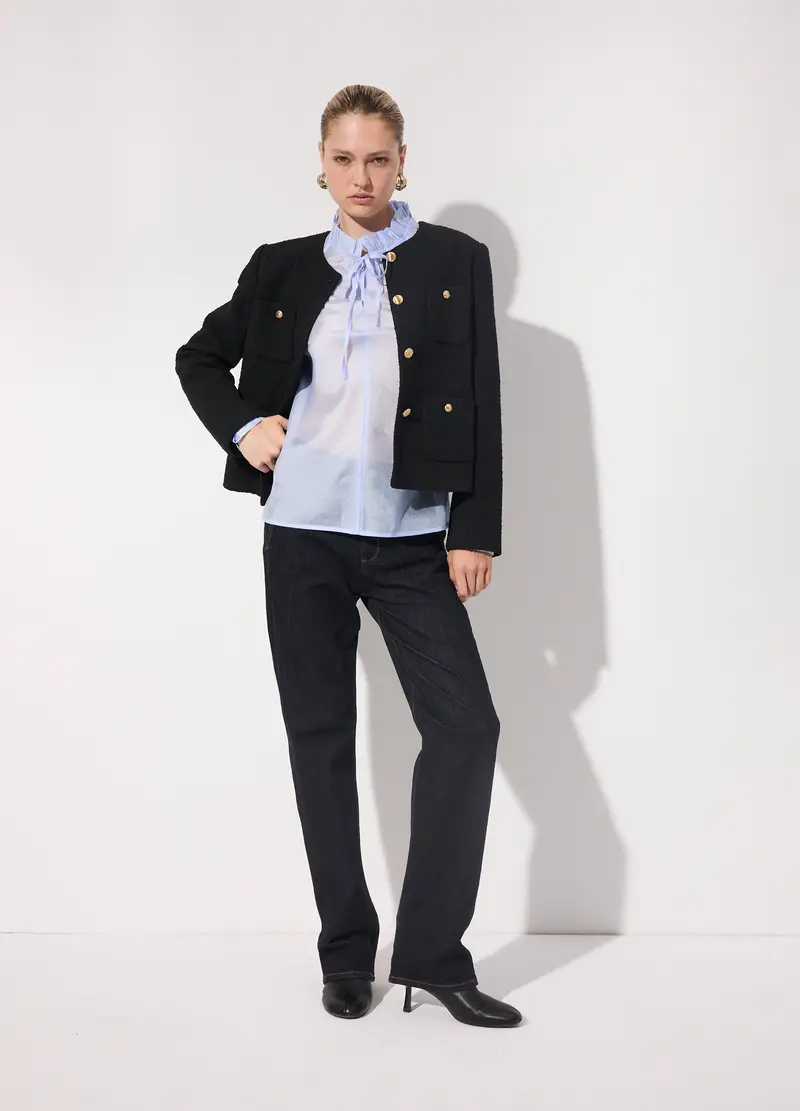 Blusa In Misto Lyocell Con Colletto Ruffle Donna, Unisex, Blu chambray