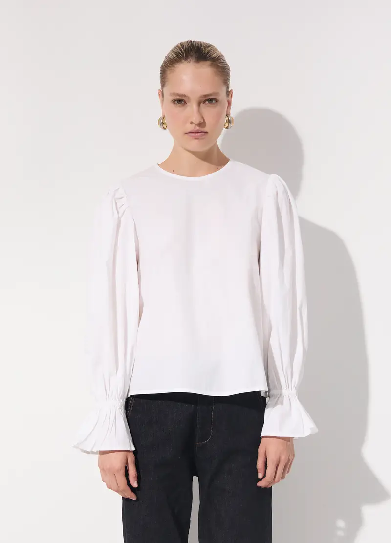 Blusa In Popeline Di Puro Cotone Donna, Unisex, Bianco miniatura 2