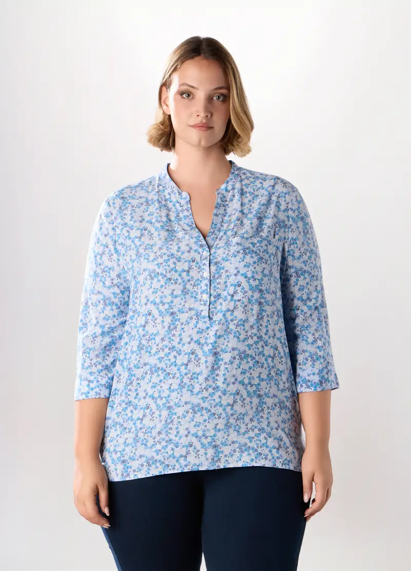 Blusa In Pura Viscosa Donna Curvy, Bianco/Azzurro