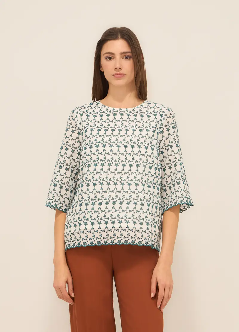 Upim, Blusa In Puro Cotone Con Ricami Donna, Bianco/Verde, Taglia: M