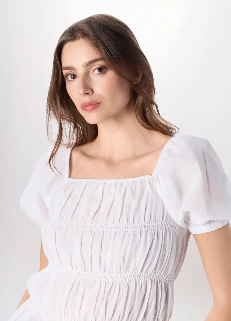 Blusa In Puro Cotone Voile Donna, Bianco gesso miniatura 3