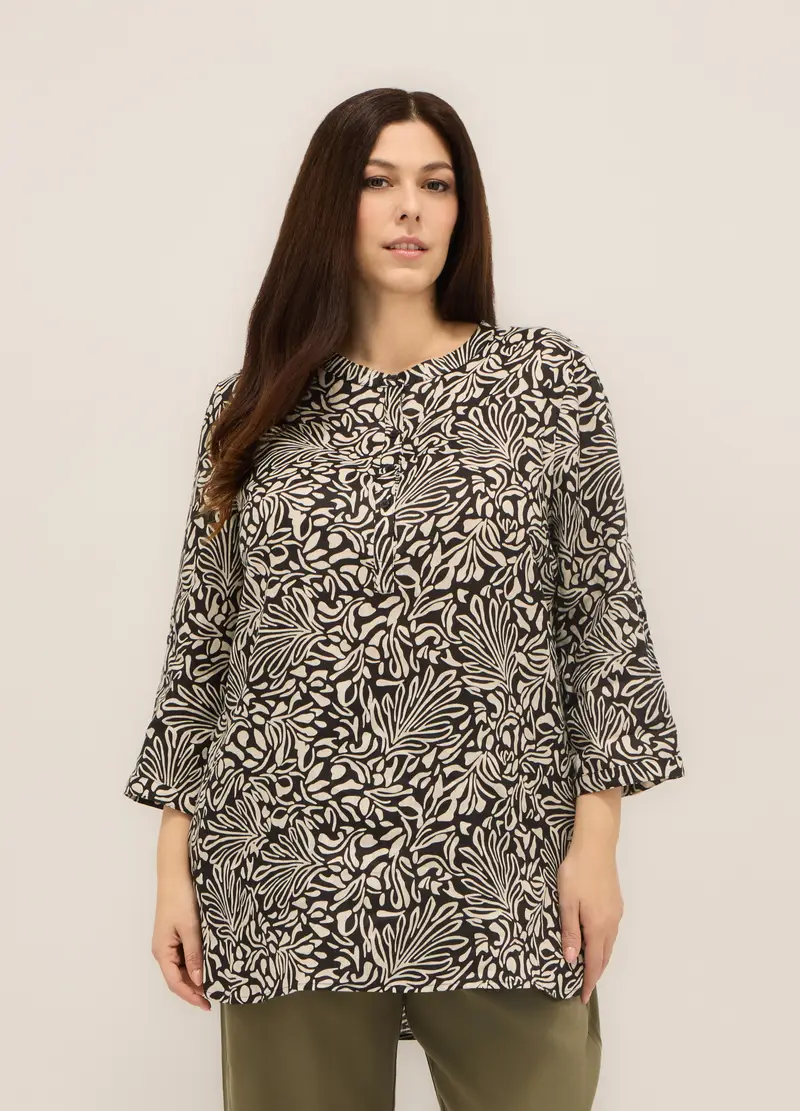 Upim, Blusa In Puro Lino Con Stampa Donna Curvy, Nero/Bianco, Taglia: S