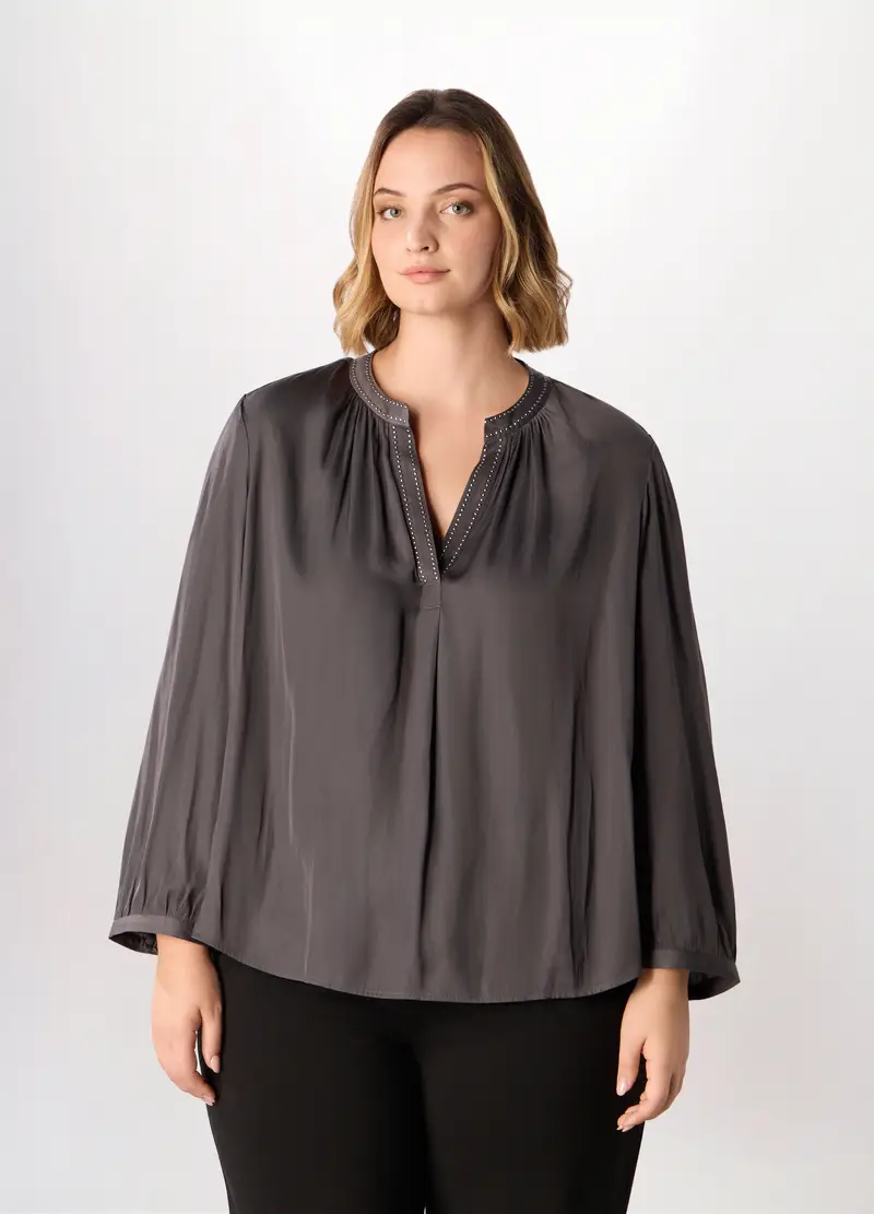 Blusa In Raso Con Scollo A V Donna Curvy, Grigio scuro
