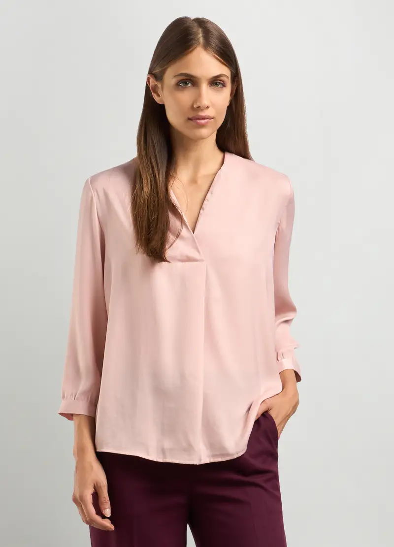 Blusa In Raso Con Scollo A V Donna, Rosa pompelmo