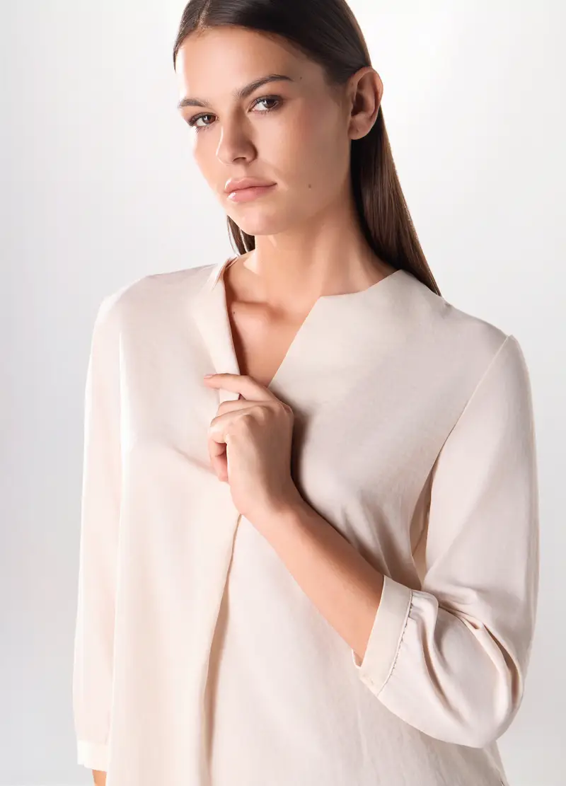 Blusa In Raso Donna, Bianco panna miniatura 3