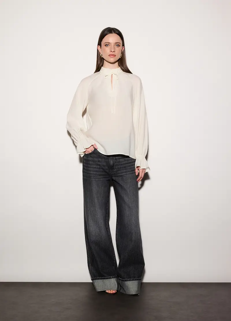 Blusa Over Fit Con Scollo A Goccia Donna, Unisex, Bianco panna